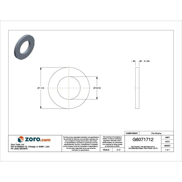 Flat Washer, Fits Bolt Size 3/4 in , Stainless Steel Plain Finish, 20 PK