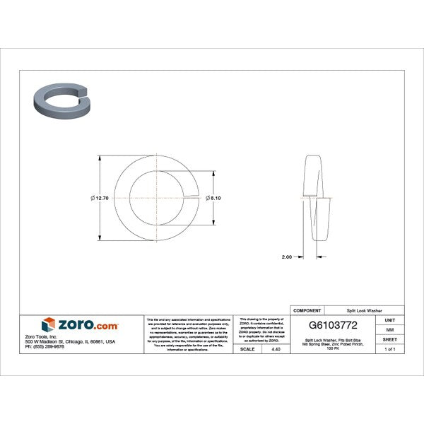 Split Lock Washer, Fits Bolt Size M8 Spring Steel, Zinc Plated Finish, 100 PK