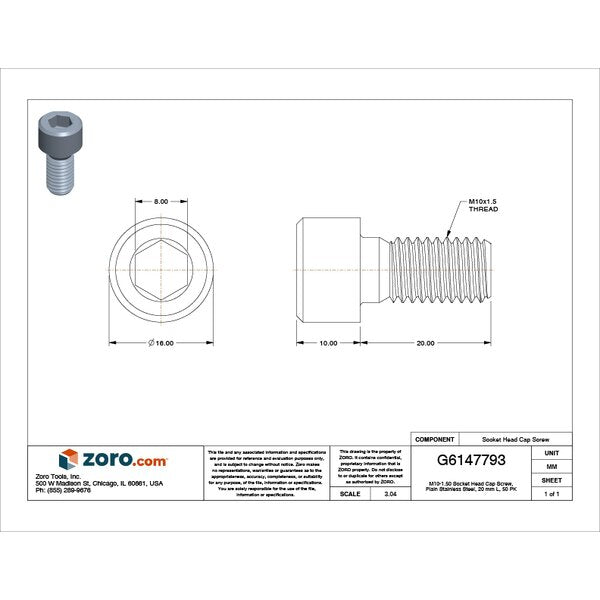 M10-1.50 Socket Head Cap Screw, Plain Stainless Steel, 20 mm Length, 50 PK