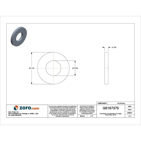 Flat Washer, Fits Bolt Size 1/2 in , Steel Black Oxide Finish, 50 PK