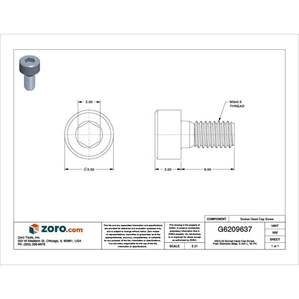 M3-0.50 Socket Head Cap Screw, Plain Stainless Steel, 6 mm Length, 50 PK