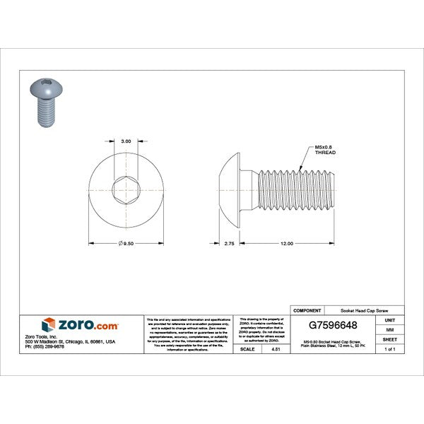 M5-0.80 Socket Head Cap Screw, Plain Stainless Steel, 12 mm Length, 50 PK