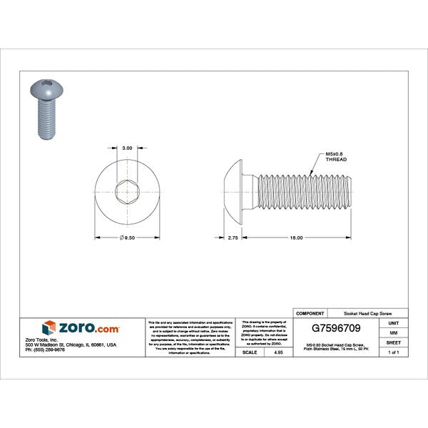 M5-0.80 Socket Head Cap Screw, Plain Stainless Steel, 16 mm Length, 50 PK