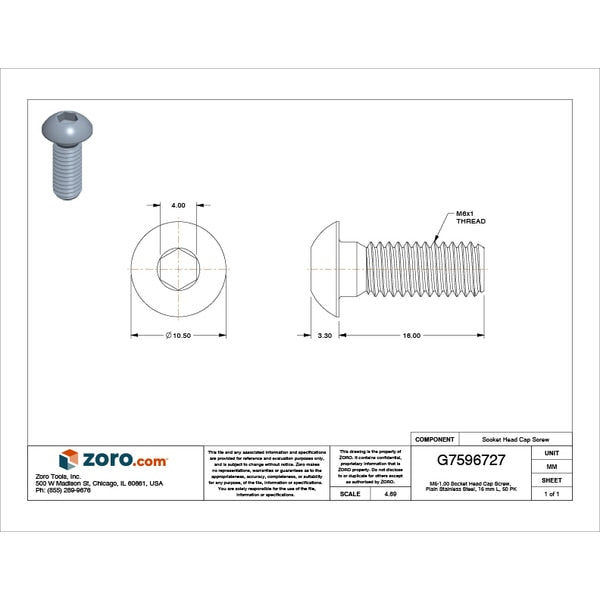 M6-1.00 Socket Head Cap Screw, Plain Stainless Steel, 16 mm Length, 50 PK