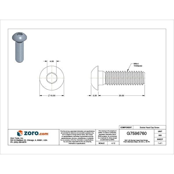 M6-1.00 Socket Head Cap Screw, Plain Stainless Steel, 20 mm Length, 50 PK