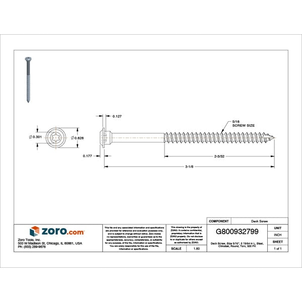 Deck Screw, 5/16 in x 3-19/64 in, Steel, Round Head, Torx Drive, 500 PK