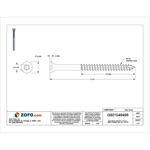 Deck Screw, #9 x 2-1/2 in, Steel, Flat Head, Torx Drive, 575 PK