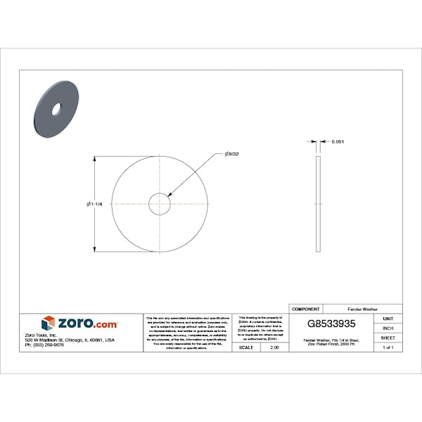 Fender Washer, Fits Bolt Size 1/4 in , Steel Zinc Plated Finish, 2300 PK