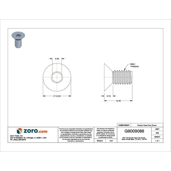 M6-1.00 Socket Head Cap Screw, Black Oxide Steel, 12 mm Length, 100 PK