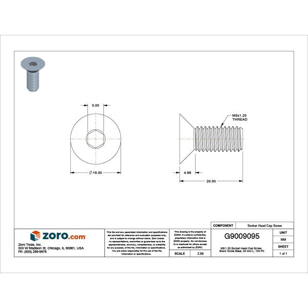 M8-1.25 Socket Head Cap Screw, Black Oxide Steel, 20 mm Length, 100 PK