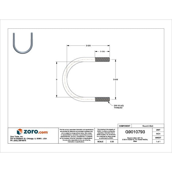 Round U-Bolt, 3/8