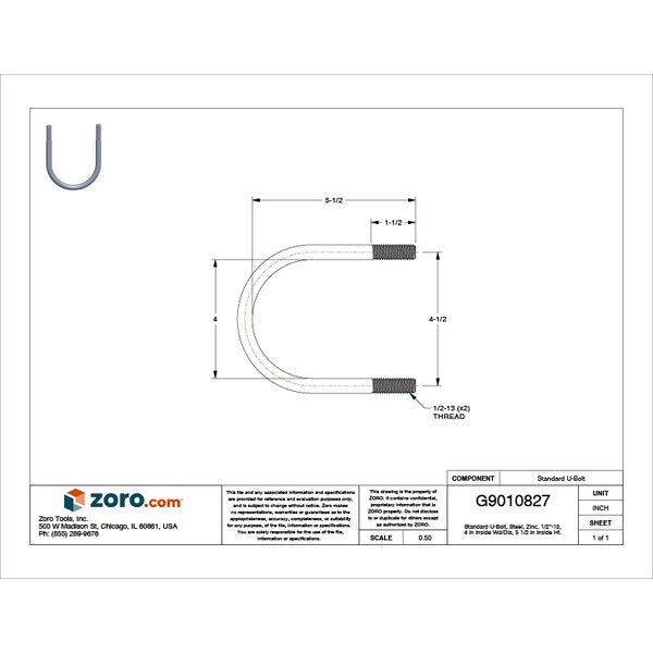 Round U-Bolt, 1/2