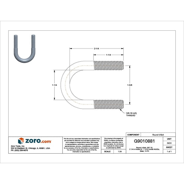 Round U-Bolt, 3/8
