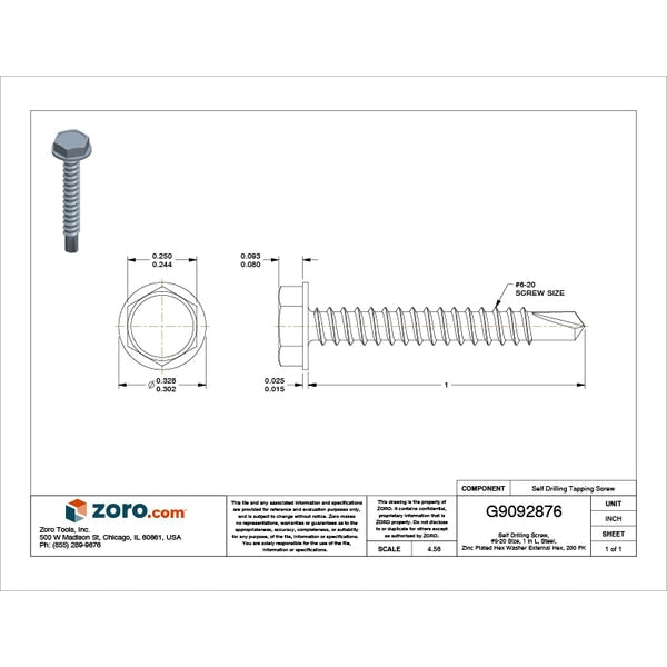 Self-Drilling Screw, #6 x 1 in, Zinc Plated Steel Hex Head External Hex Drive, 200 PK