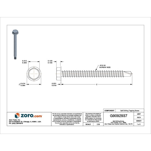Self-Drilling Screw, #10 x 2 in, Zinc Plated Steel Hex Head External Hex Drive, 100 PK