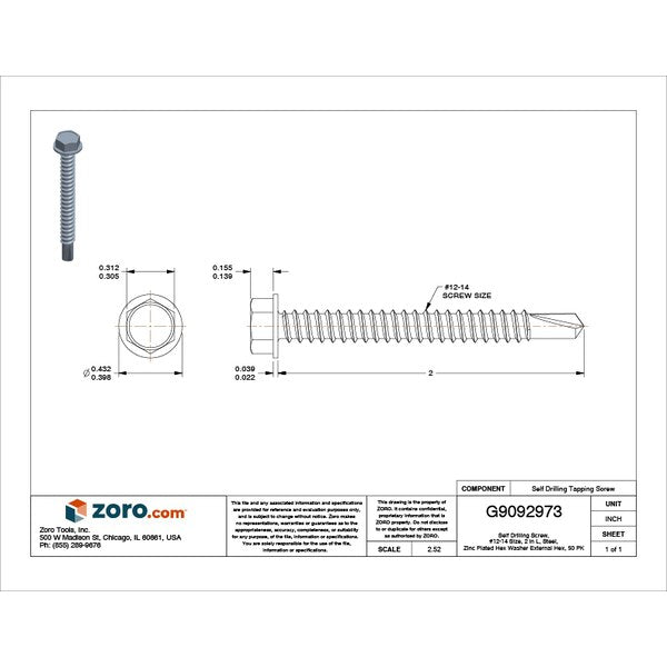 Self-Drilling Screw, #12 x 2 in, Zinc Plated Steel Hex Head External Hex Drive, 50 PK