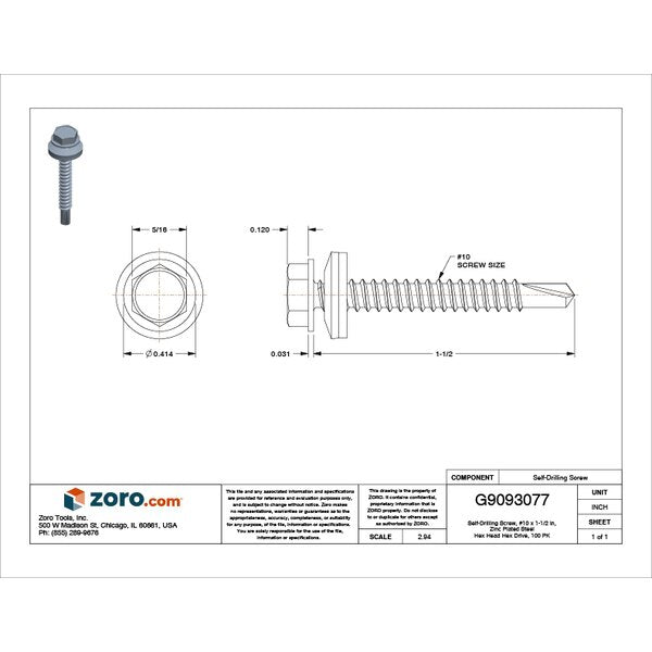 Self-Drilling Screw, #10 x 1-1/2 in, Zinc Plated Steel Hex Head Hex Drive, 100 PK