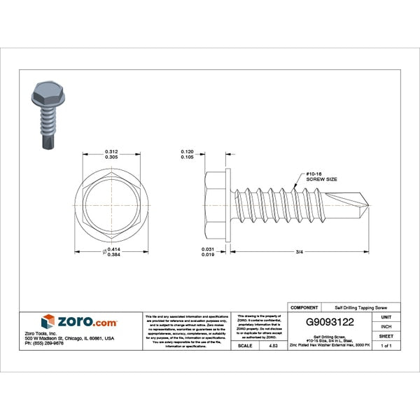 Self-Drilling Screw, #10 x 3/4 in, Zinc Plated Steel Hex Head External Hex Drive, 100 PK