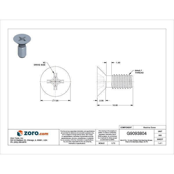 M4-0.70 x 10 mm Phillips Flat Machine Screw, Plain 316 Stainless Steel, 50 PK