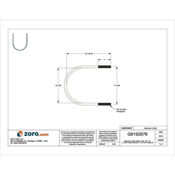 Round U-Bolt, 3/4