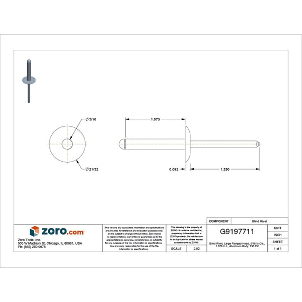 Blind Rivet, Large Flanged Head, 3/16 in Dia., 1-5/64 in L, Aluminum Body, 250 PK
