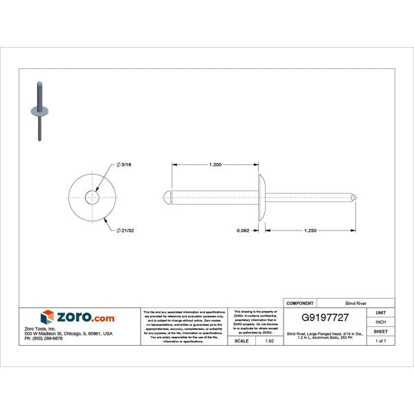 Blind Rivet, Large Flanged Head, 3/16 in Dia., 1-13/64 in L, Aluminum Body, 250 PK