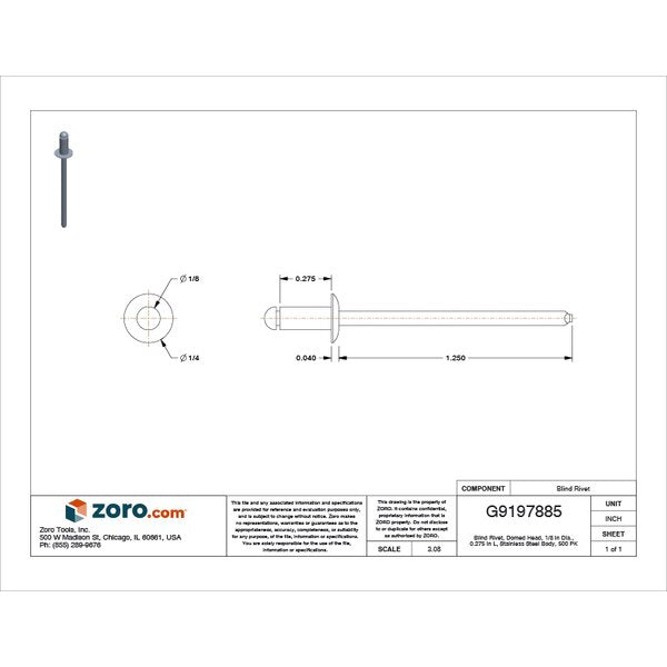 Blind Rivet, Dome Head, 1/8 in Dia., 9/32 in L, Stainless Steel Body, 500 PK