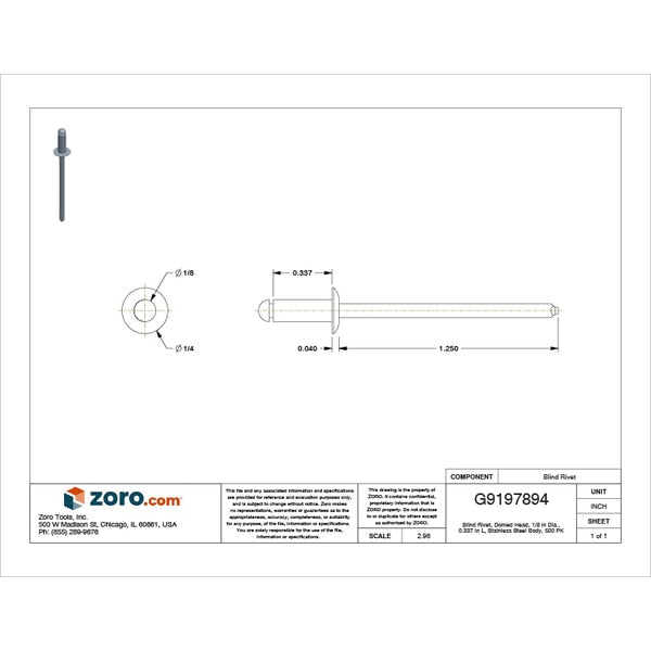Blind Rivet, Dome Head, 1/8 in Dia., 11/32 in L, Stainless Steel Body, 500 PK