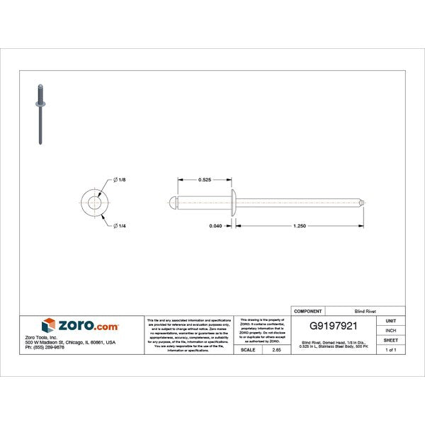 Blind Rivet, Dome Head, 1/8 in Dia., 17/32 in L, Stainless Steel Body, 500 PK