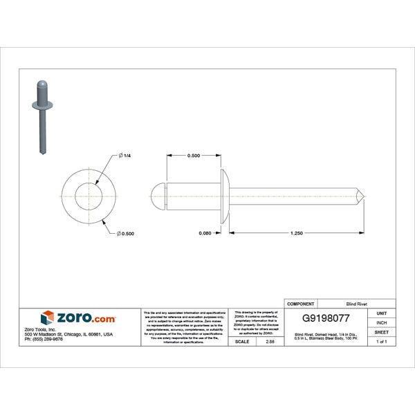 Blind Rivet, Dome Head, 1/4 in Dia., 1/2 in L, Stainless Steel Body, 100 PK