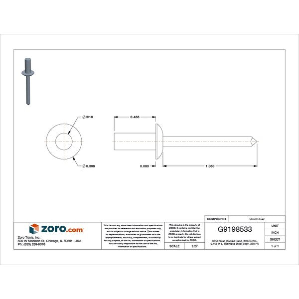 Blind Rivet, Dome Head, 3/16 in Dia., 15/32 in L, Stainless Steel Body, 250 PK
