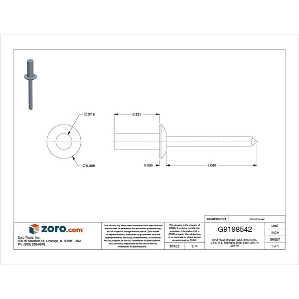 Blind Rivet, Dome Head, 3/16 in Dia., 17/32 in L, Stainless Steel Body, 250 PK
