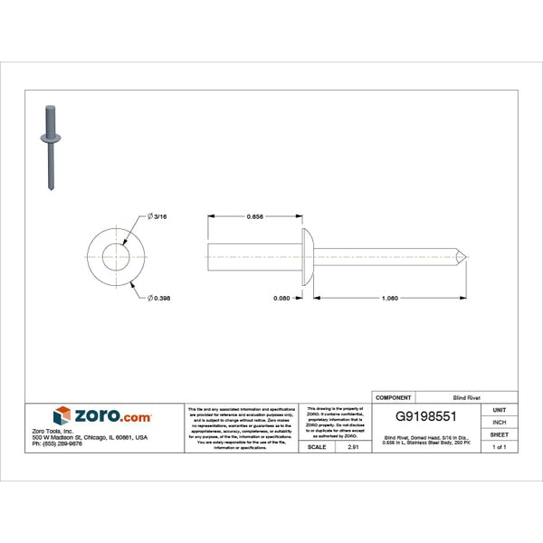 Blind Rivet, Dome Head, 3/16 in Dia., 21/32 in L, Stainless Steel Body, 250 PK