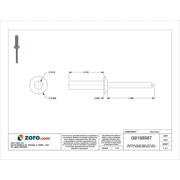 Blind Rivet, Dome Head, 3/16 in Dia., 25/32 in L, Stainless Steel Body, 250 PK