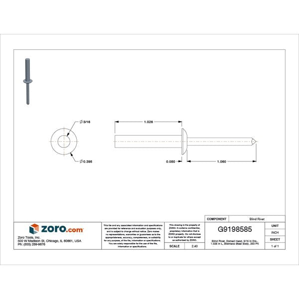 Blind Rivet, Dome Head, 3/16 in Dia., 1-1/32 in L, Stainless Steel Body, 250 PK