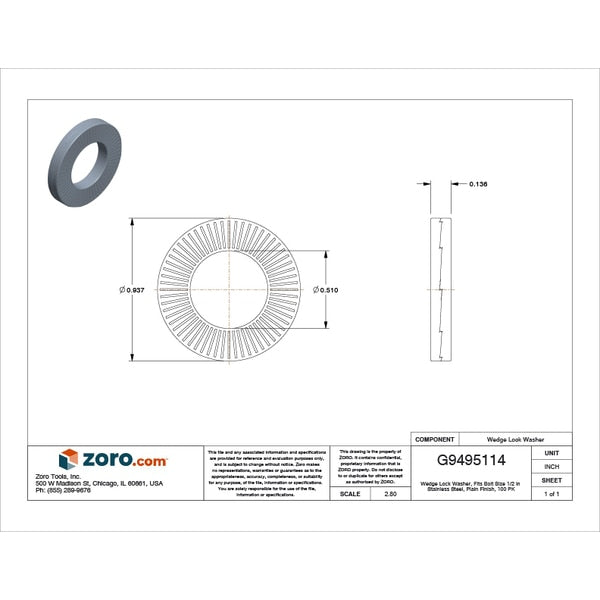 Wedge Lock Washer, Fits Bolt Size 1/2 in Stainless Steel, Plain Finish, 100 PK