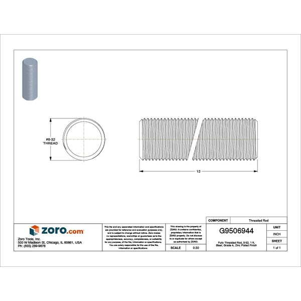 Fully Threaded Rod, 8-32, 12 in, Steel, Grade A, Zinc Plated Finish