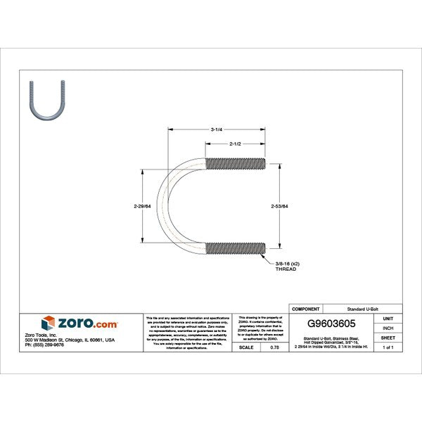 Round U-Bolt, 3/8