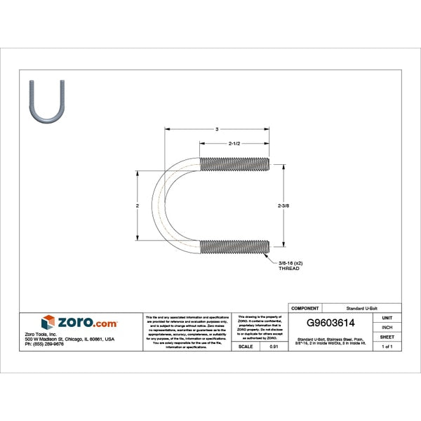 Round U-Bolt, 3/8