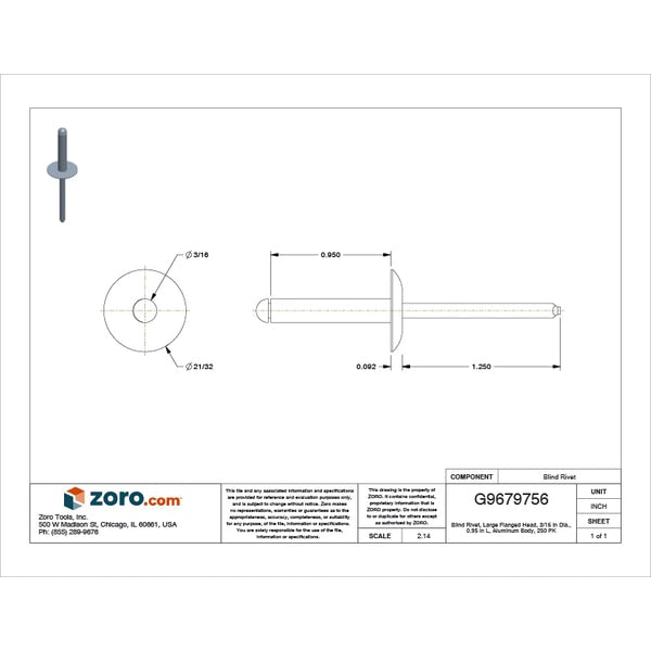 Blind Rivet, Flanged Head, 3/16 in Dia., 61/64 in L, Aluminum Body, 250 PK