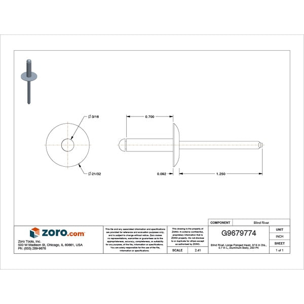 Blind Rivet, Flanged Head, 3/16 in Dia., 45/64 in L, Aluminum Body, 250 PK
