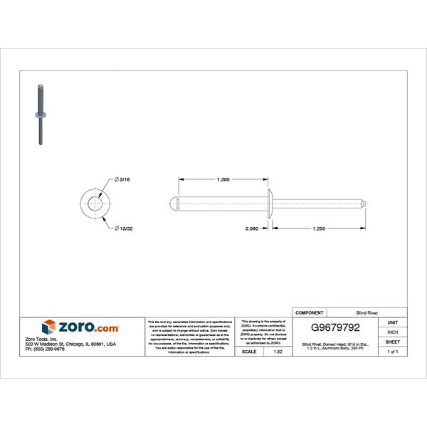 Blind Rivet, Dome Head, 3/16 in Dia., 1-13/64 in L, Aluminum Body, 250 PK