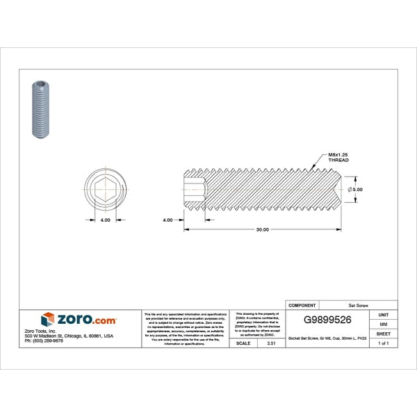 Socket Set Screw, Gr M8, Cup, 30mm L, PK25
