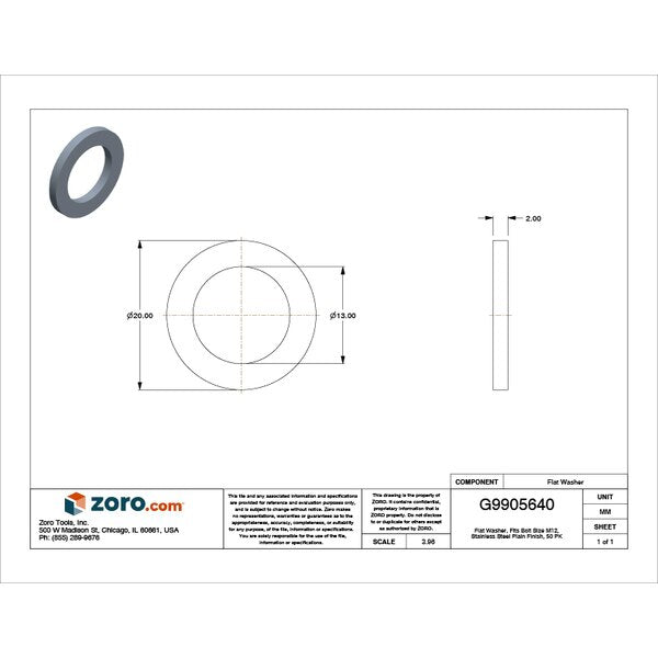 Flat Washer, Fits Bolt Size M12 , Stainless Steel Plain Finish, 50 PK