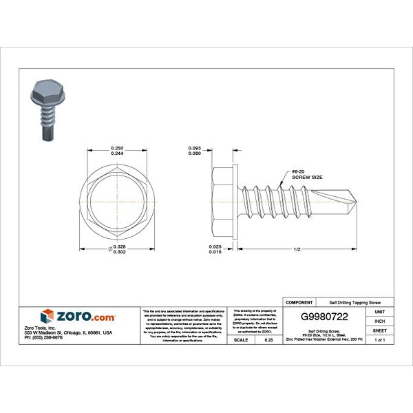 Self-Drilling Screw, #6 x 1/2 in, Zinc Plated Steel Hex Head External Hex Drive, 200 PK
