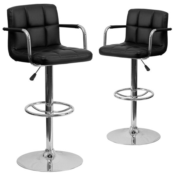 Black Quilted Vinyl Adjustable Height Barstool, Arms, Chrome Base, PK2
