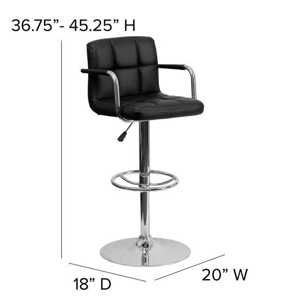 Black Quilted Vinyl Adjustable Height Barstool, Arms, Chrome Base, PK2
