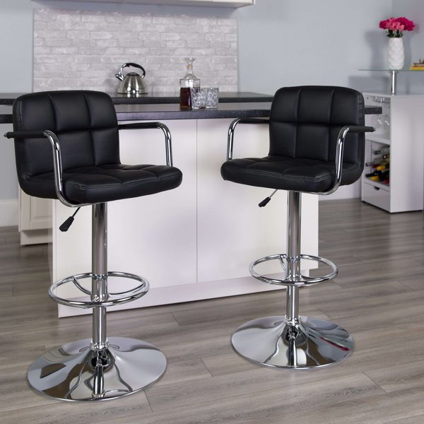 Black Quilted Vinyl Adjustable Height Barstool, Arms, Chrome Base, PK2