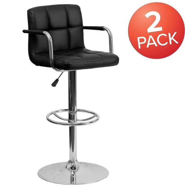 Black Quilted Vinyl Adjustable Height Barstool, Arms, Chrome Base, PK2