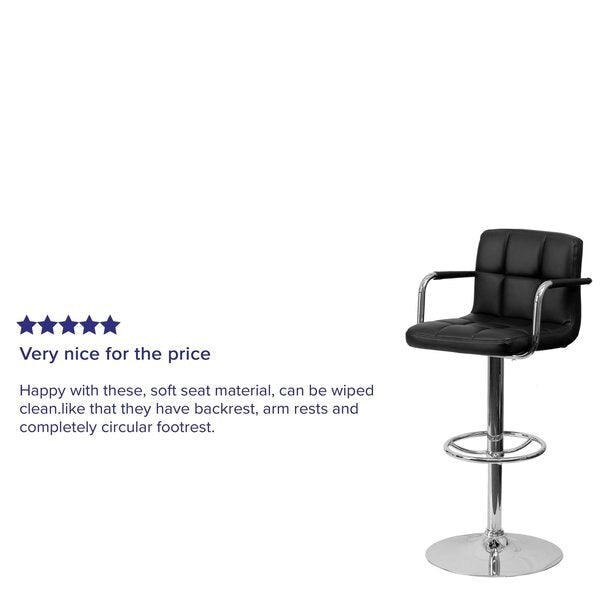 Black Quilted Vinyl Adjustable Height Barstool, Arms, Chrome Base, PK2